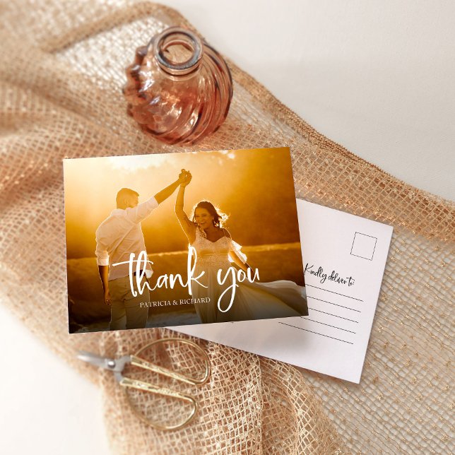 Modern Calligraphy Wedding Photo Thank You   Postcard (Creator Uploaded)