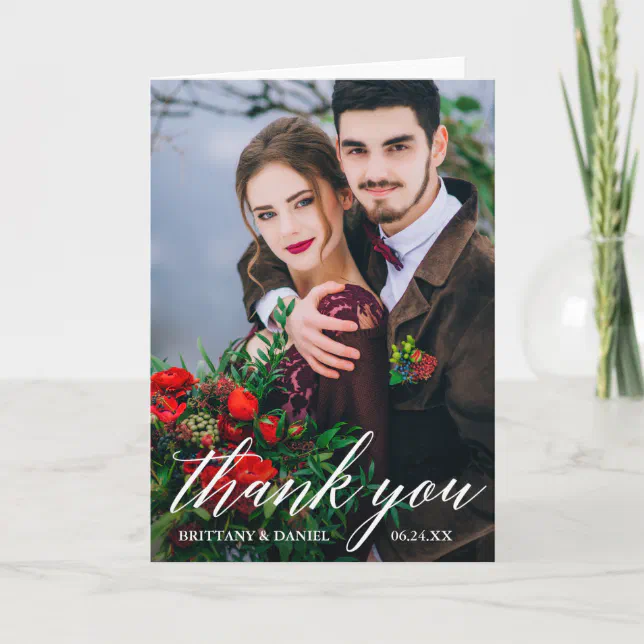 Modern Calligraphy Wedding Photo W Fold Thank You Card | Zazzle