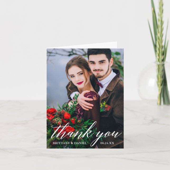 Modern Calligraphy Wedding Photo W Note Thank You Card (Front)