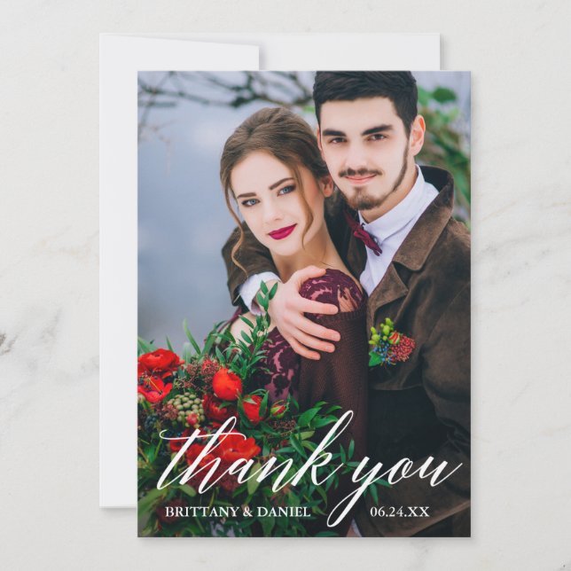 Modern Calligraphy Wedding Photo Wht Thank You Card (Front)