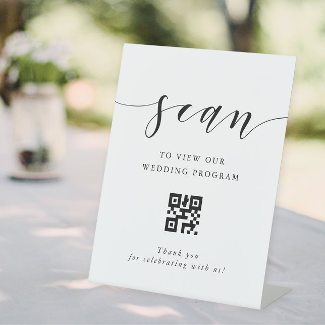 Modern Calligraphy Wedding Program QR code Pedestal Sign (Creator Uploaded)