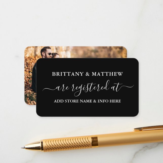Modern Calligraphy Wedding Registry Photo Black Enclosure Card (Front/Back In Situ)