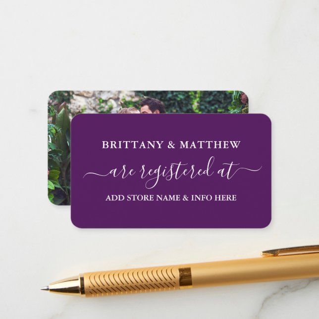 Modern Calligraphy Wedding Registry Photo Purple Enclosure Card (Front/Back In Situ)