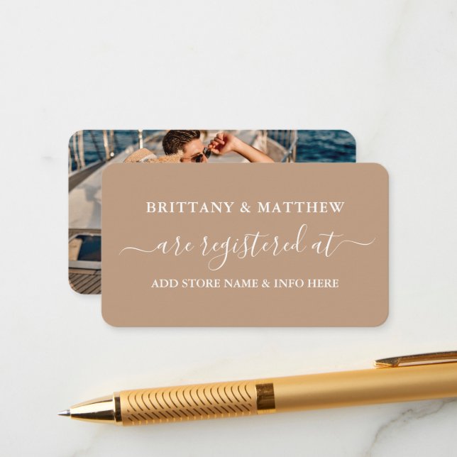 Modern Calligraphy Wedding Registry Photo Taupe Enclosure Card (Front/Back In Situ)