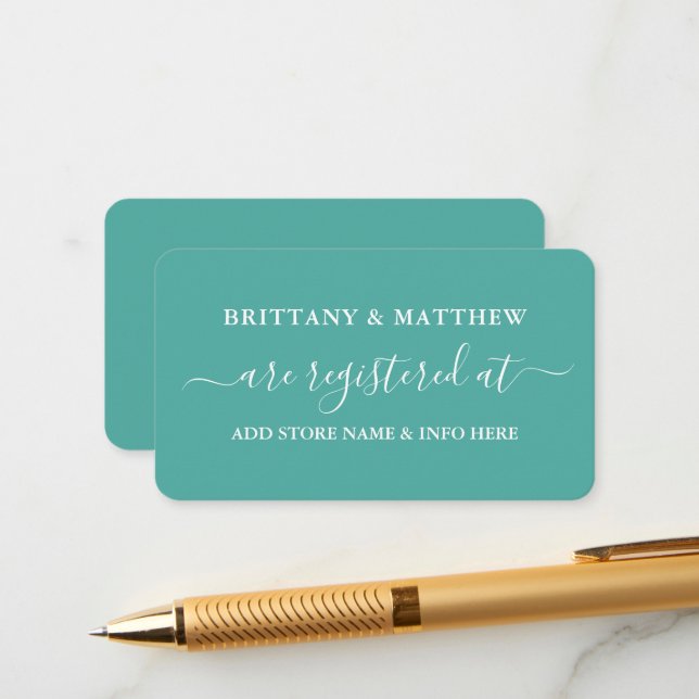 Modern Calligraphy Wedding Registry Teal Enclosure Card (Front/Back In Situ)