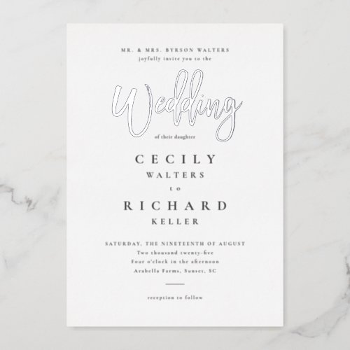 Modern Calligraphy Wedding Silver  Foil Invitation
