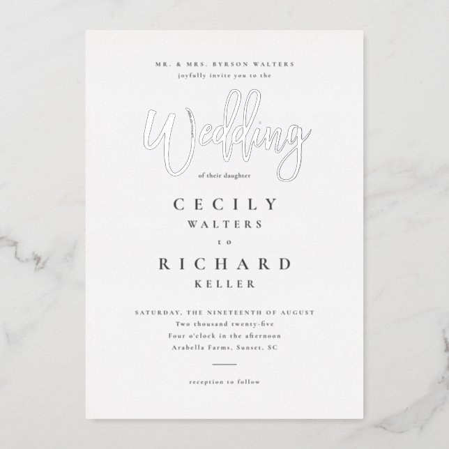 Modern Calligraphy Wedding Silver  Foil Invitation (Front)