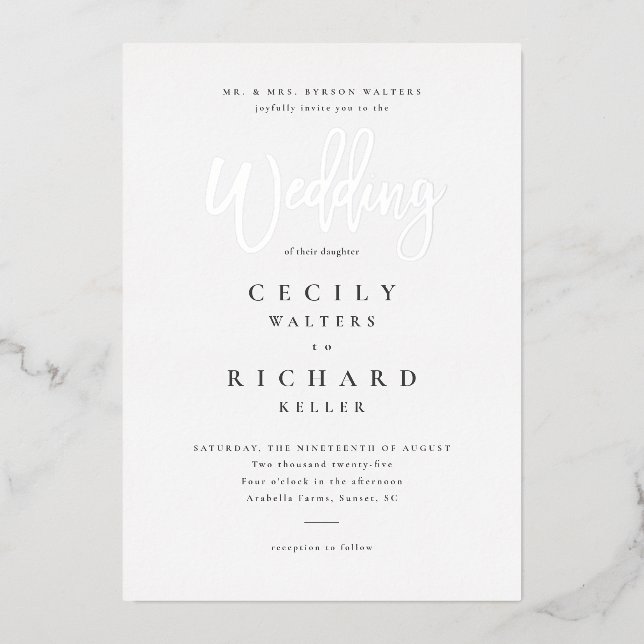 Modern Calligraphy Wedding Silver  Foil Invitation (Front)