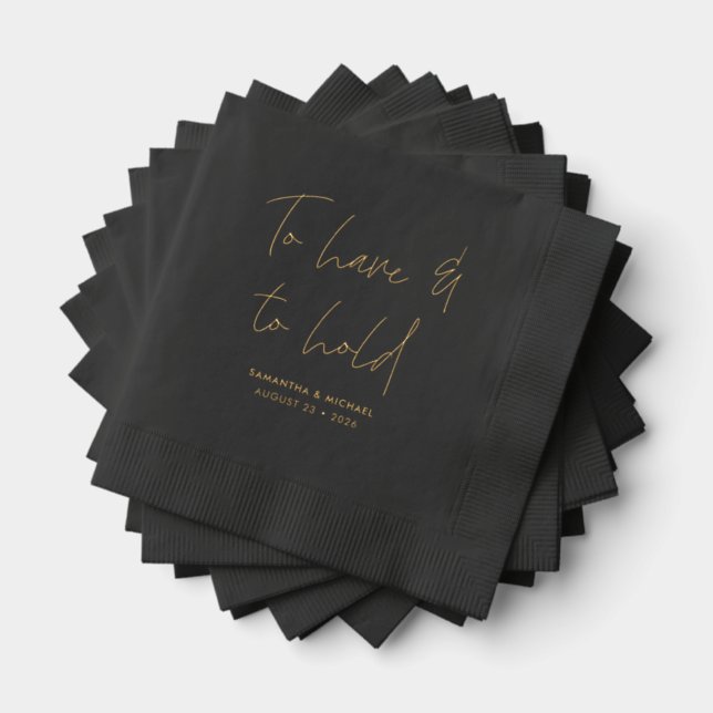 Modern Calligraphy Wedding Vows Black Gold Foil Napkins (Insitu (Stacked))