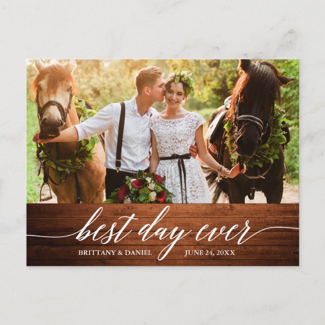 Modern Calligraphy Wedding Wood Best Day Ever Postcard (Front)