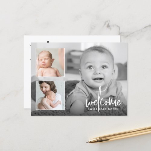 Modern Calligraphy Welcome 3 Photo Birth Announcement Postcard