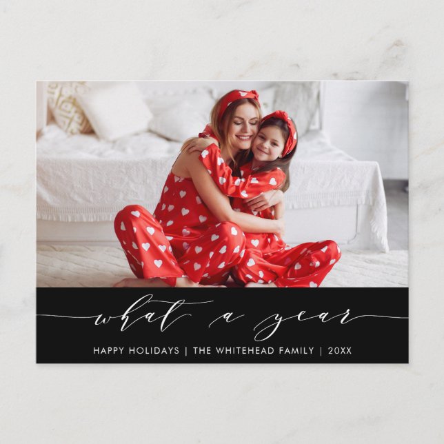 Modern Calligraphy What a Year Black Photo Holiday Postcard (Front)