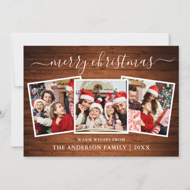 Modern Calligraphy Wood 3 Photo Christmas Holiday Card (Front)
