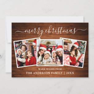 Modern Calligraphy Wood 3 Photo Christmas Holiday Card