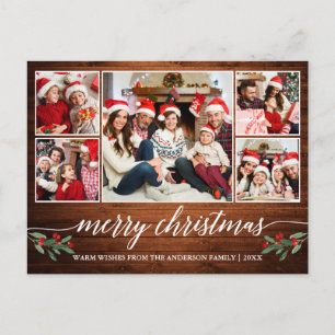 Modern Calligraphy Wood 5 Photo Family Christmas Postcard