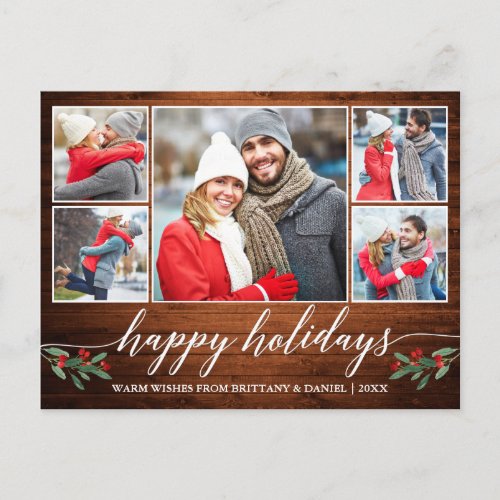 Modern Calligraphy Wood 5 Photo Happy Holidays Postcard