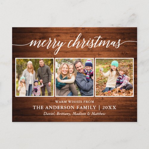 Modern Calligraphy Wood Merry Christmas 3 Photo Postcard