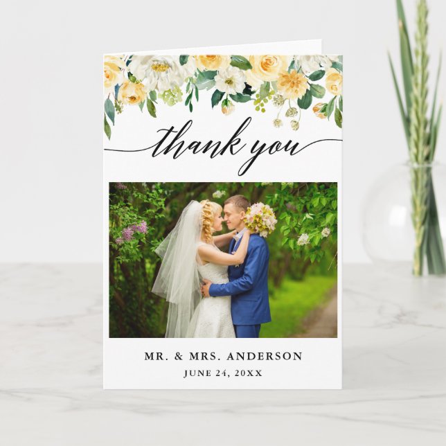 Modern Calligraphy Yellow Floral Wedding Folded Thank You Card (Front)