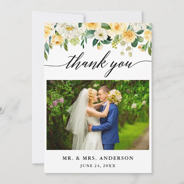Modern Calligraphy Yellow Floral Wedding Photo Thank You Card (Front)