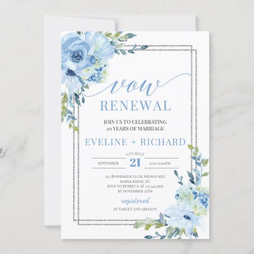 Modern callygraphy lettering blue boho vow renewal invitation