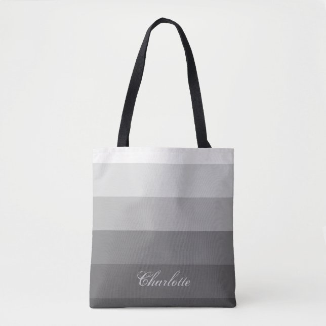 Modern Calm Gradient Gray Stripes Custom Name Tote Bag (Front)
