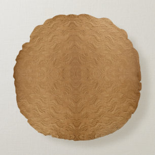 Modern Camel Brown Wavy Ripples Abstract Textured Round Pillow