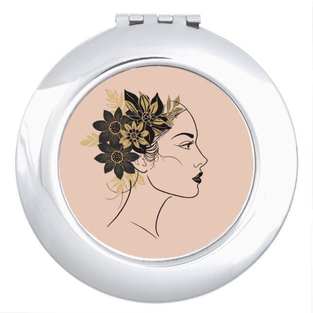 Modern Cameo Face Black and Gold Flowers Compact Mirror (Front)