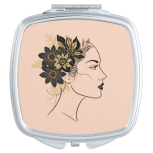 Modern Cameo Face Black and Gold Flowers Compact Mirror