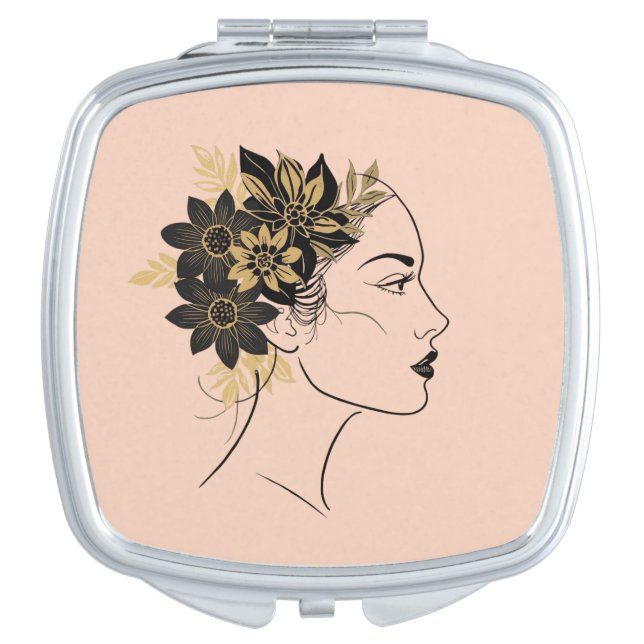 Modern Cameo Face Black and Gold Flowers Compact Mirror (Front)