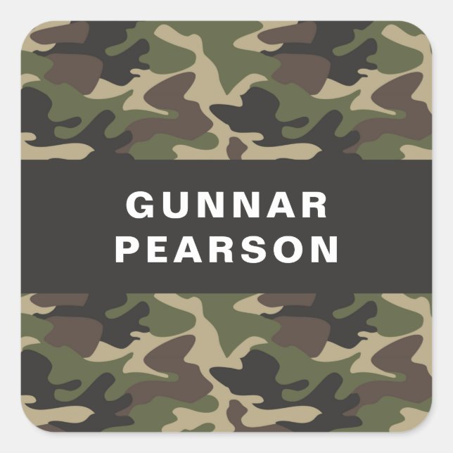 Modern Camouflage Pattern Name Black Square Sticker (Front)