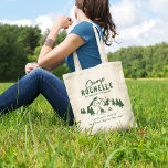 Modern Camping Bachelorette Party Tote Bag<br><div class="desc">Modern camping bachelorette party tote bags featuring a drawing of a campsite featuring mountains,  trees,  a log fire,  a tent,  and a text template that is easy to personalize.</div>