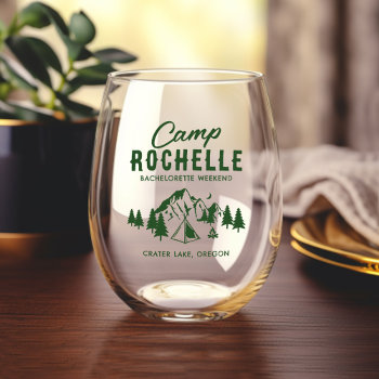 Modern Camping Bachelorette Stemless Wine Glass by special_stationery at Zazzle