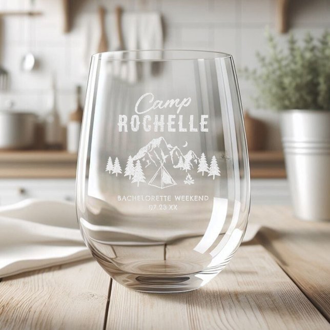 Modern Camping Bachelorette Stemless Wine Glass (Creator Uploaded)