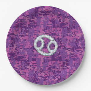 Modern Cancer Zodiac Sign Pink Digital Camouflage Paper Plates