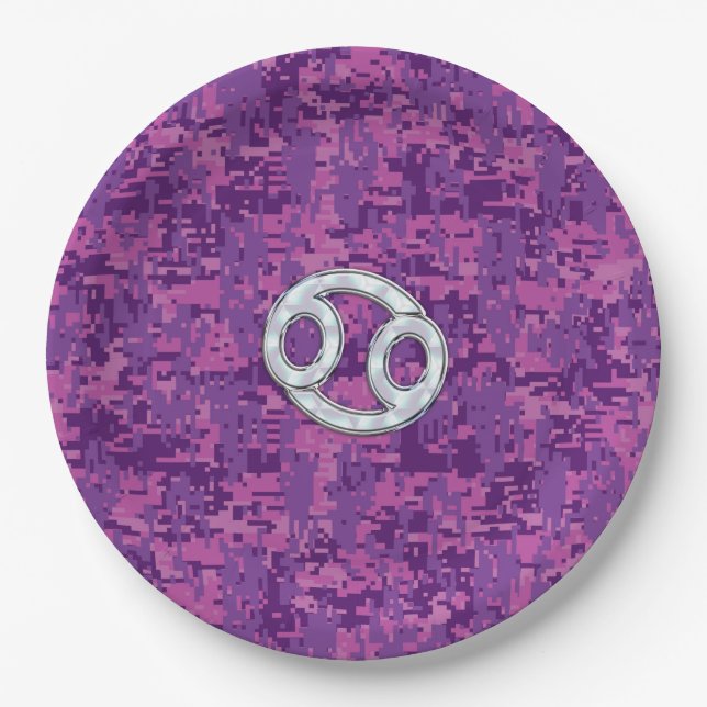 Modern Cancer Zodiac Sign Pink Digital Camouflage Paper Plates (Front)