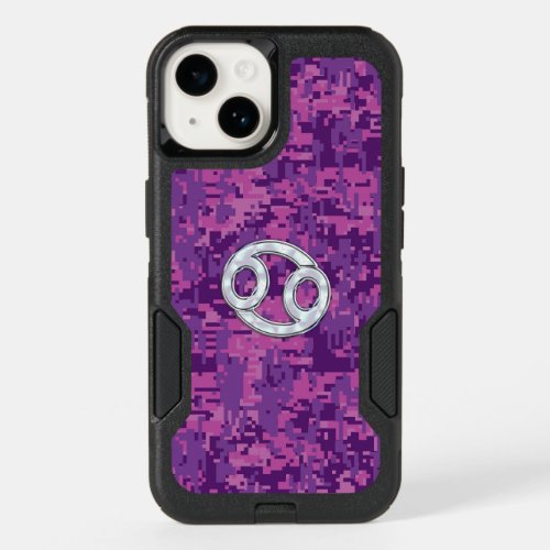 Modern Cancer Zodiac Symbol on Pink Camo OtterBox iPhone 14 Case