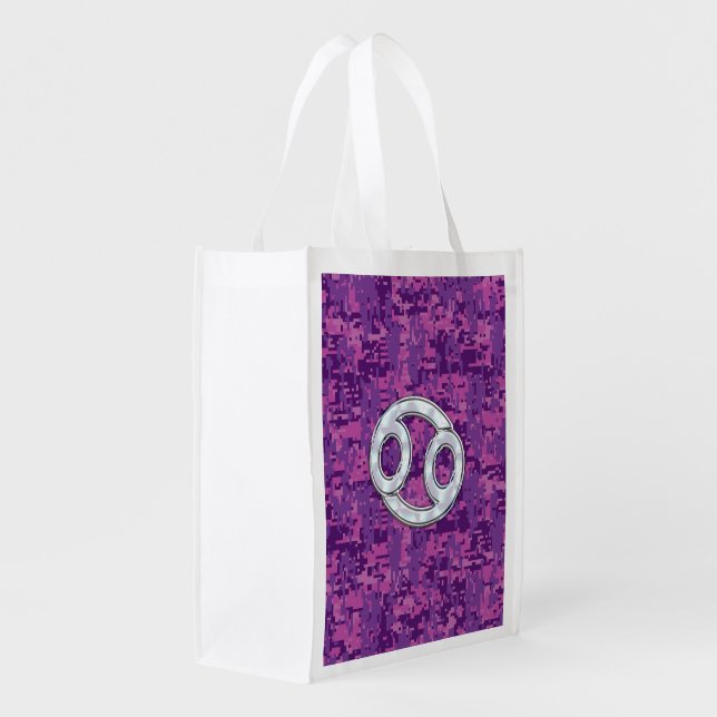 Modern Cancer Zodiac Symbol on Pink Digital Camo Grocery Bag (Back Side)