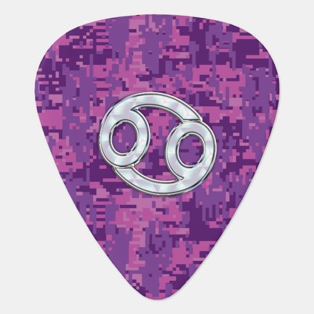 Modern Cancer Zodiac Symbol on Pink Digital Camo Guitar Pick (Front)