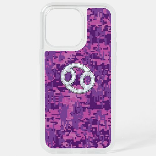 Modern Cancer Zodiac Symbol on Pink Digital Camo iPhone 15 Pro Max Case