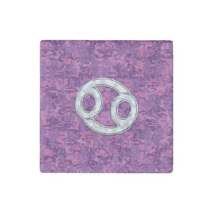 Modern Cancer Zodiac Symbol on Pink Digital Camo Stone Magnet