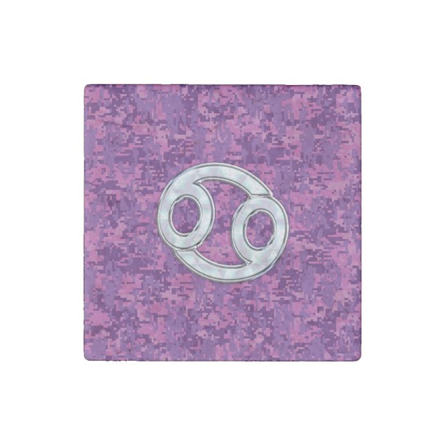 Modern Cancer Zodiac Symbol on Pink Digital Camo Stone Magnet (Front)
