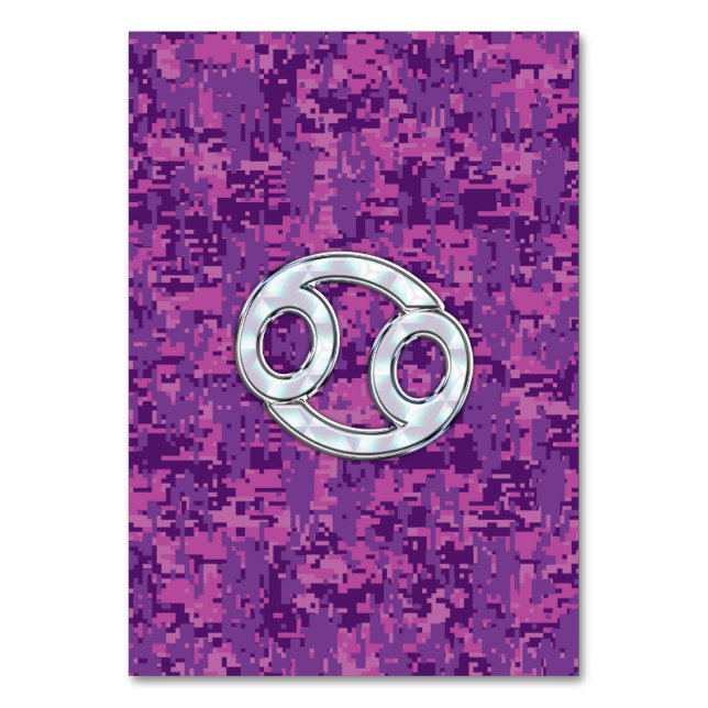 Modern Cancer Zodiac Symbol on Pink Digital Camo Table Number (Front)