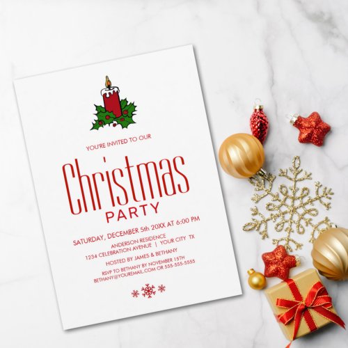 Modern Candle and Holly Red Christmas Party Invitation