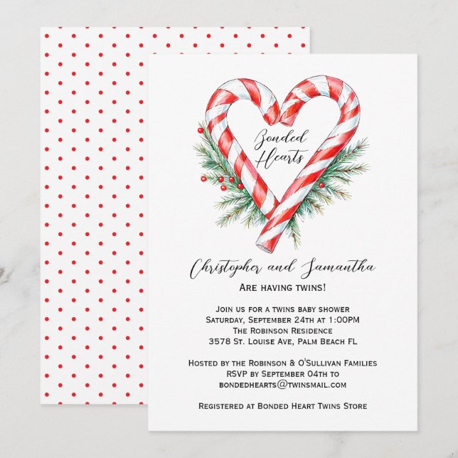 Modern Candy Cane Christmas Twins Baby Shower Invitation (Front/Back)