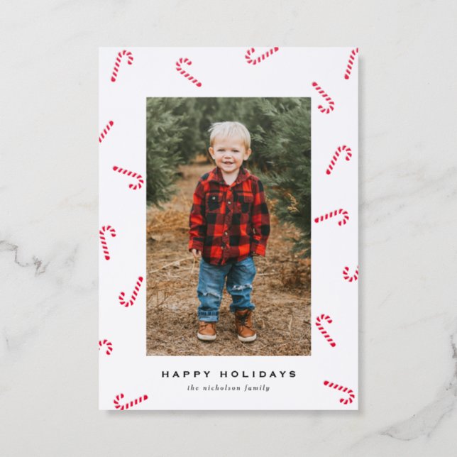 Modern Candy Cane Holiday Christmas Letterpress Photo Cards (Front)