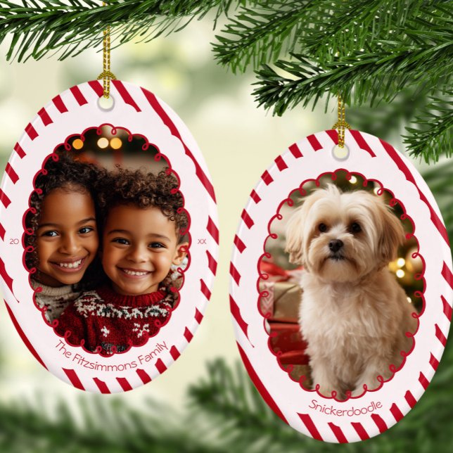 Modern Candy Cane Stripe Christmas 2 Photos Ceramic Ornament (Retro Candy Cane Whimsical Striped Christmas 2 photo ornament )