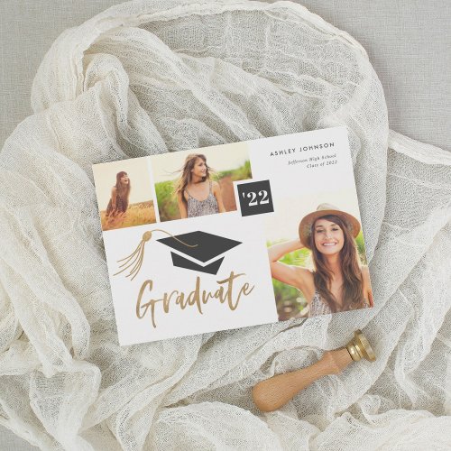 Modern Cap and Tassel Gold Foil 3 Photo Graduate Announcement