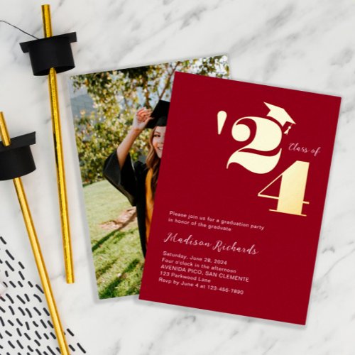 Modern Cap and Year Photo Graduation Party Foil Invitation