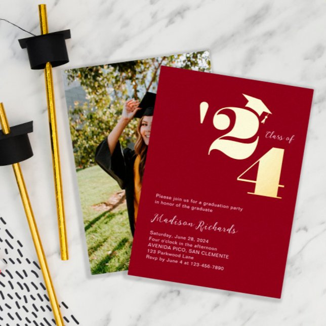 Modern Cap and Year Photo Graduation Party Foil Invitation (Creator Uploaded)