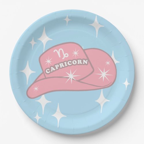 Modern Capricorn Zodiac Cowgirl Hat Blue Party Paper Plates